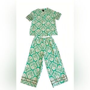 JM Collection 2-Piece Lounge Set Women’s S Green White Baroque Print Top & Pants